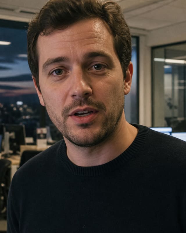 A presenter built from recorded footage, speaking to camera in an office at night